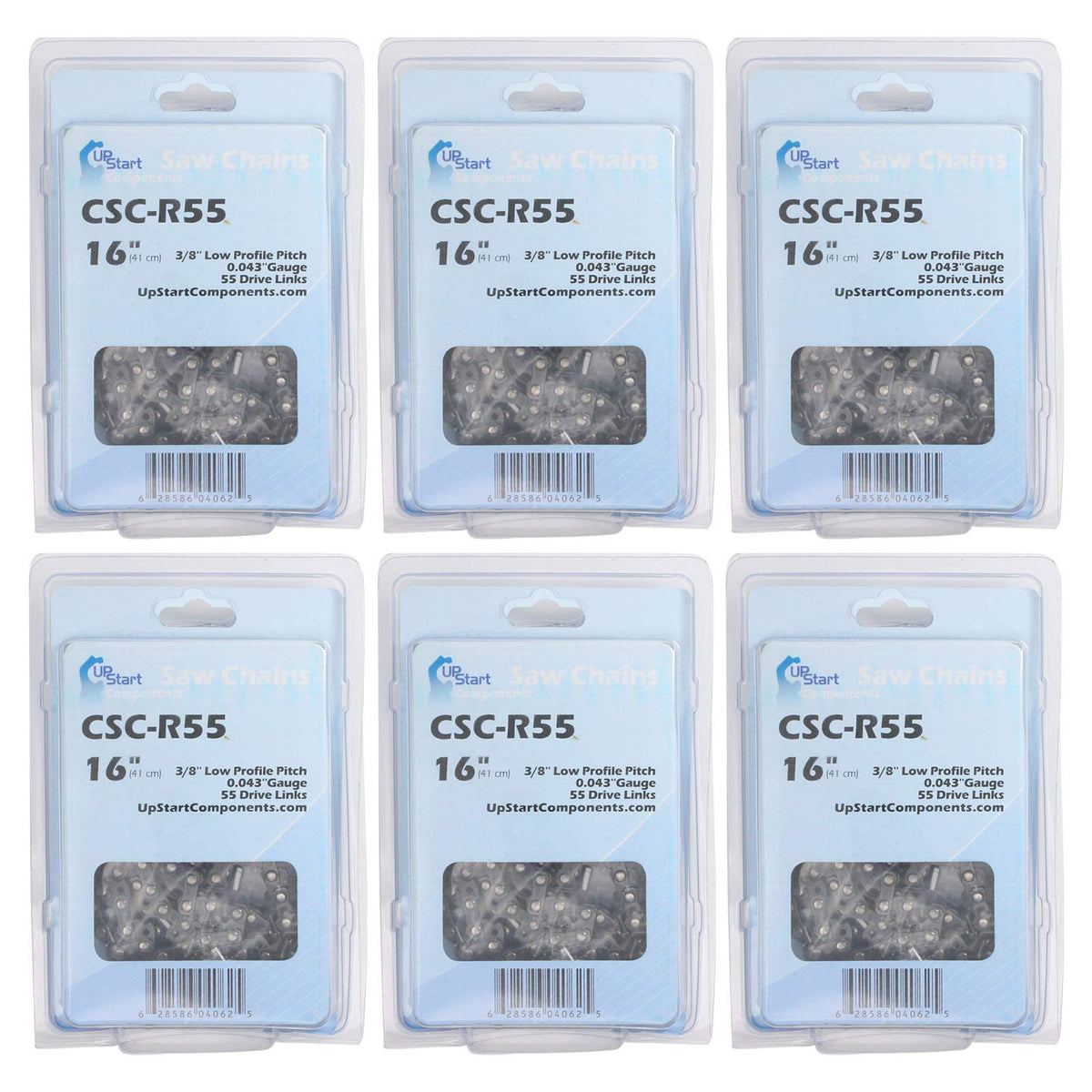 UpStart Components front packaging showing six 16-inch chains and model compatibility for easy storage