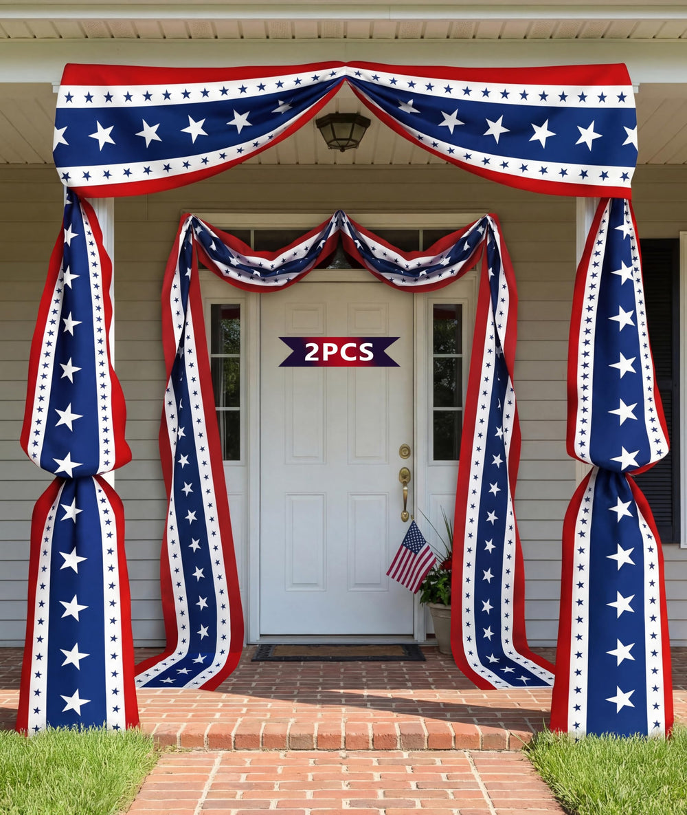UQJE 25ft bunting front view showing full patriotic banner and coverage