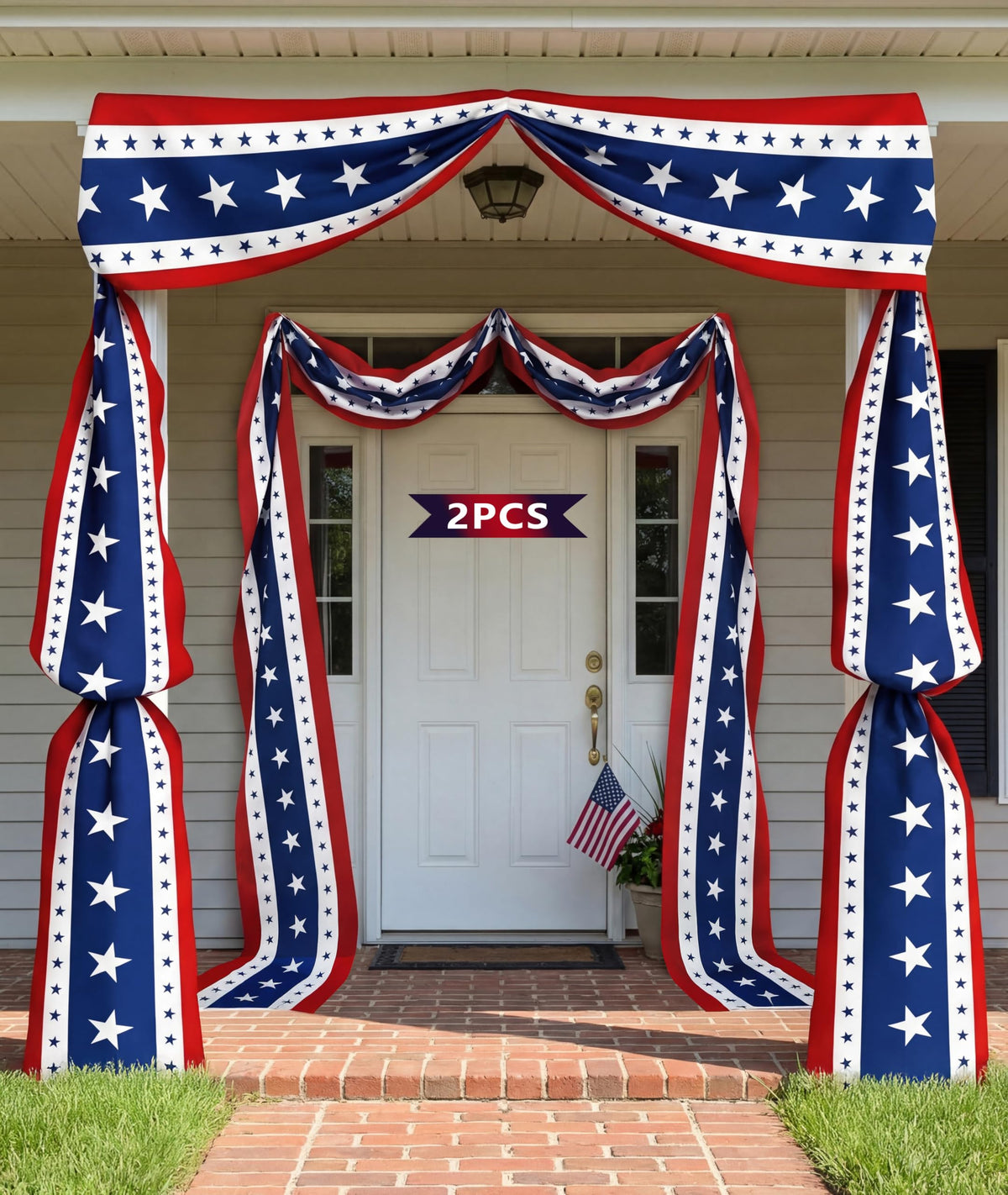 UQJE 25ft bunting front view showing full patriotic banner and coverage