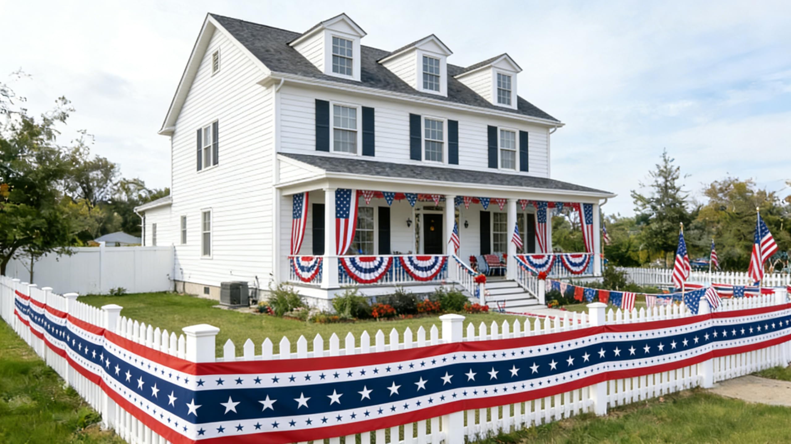 UQJE bunting on storefront adding patriotic impact for public events