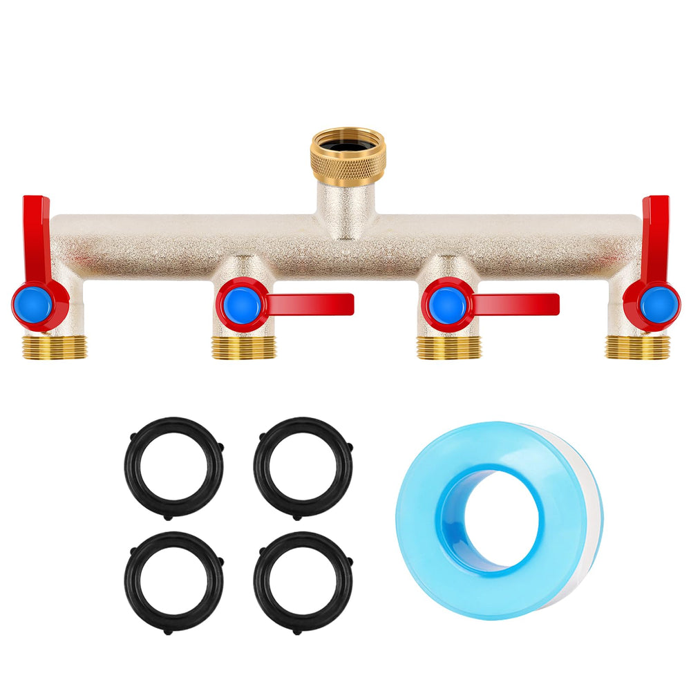 UQM 4-way brass splitter front view showing four outlets for versatile watering