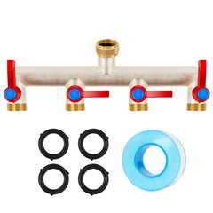 UQM 4-way brass splitter front view showing four outlets for versatile watering