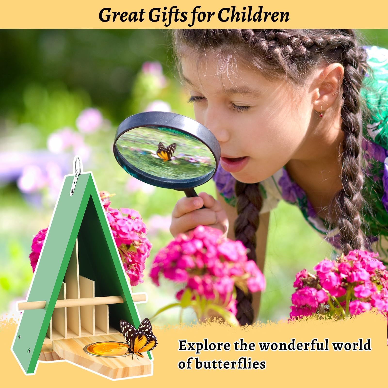 UQM children observing butterflies at the house, educational outdoor experience