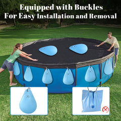 UQM hanging bag attached to pool cover edge for quick anchoring