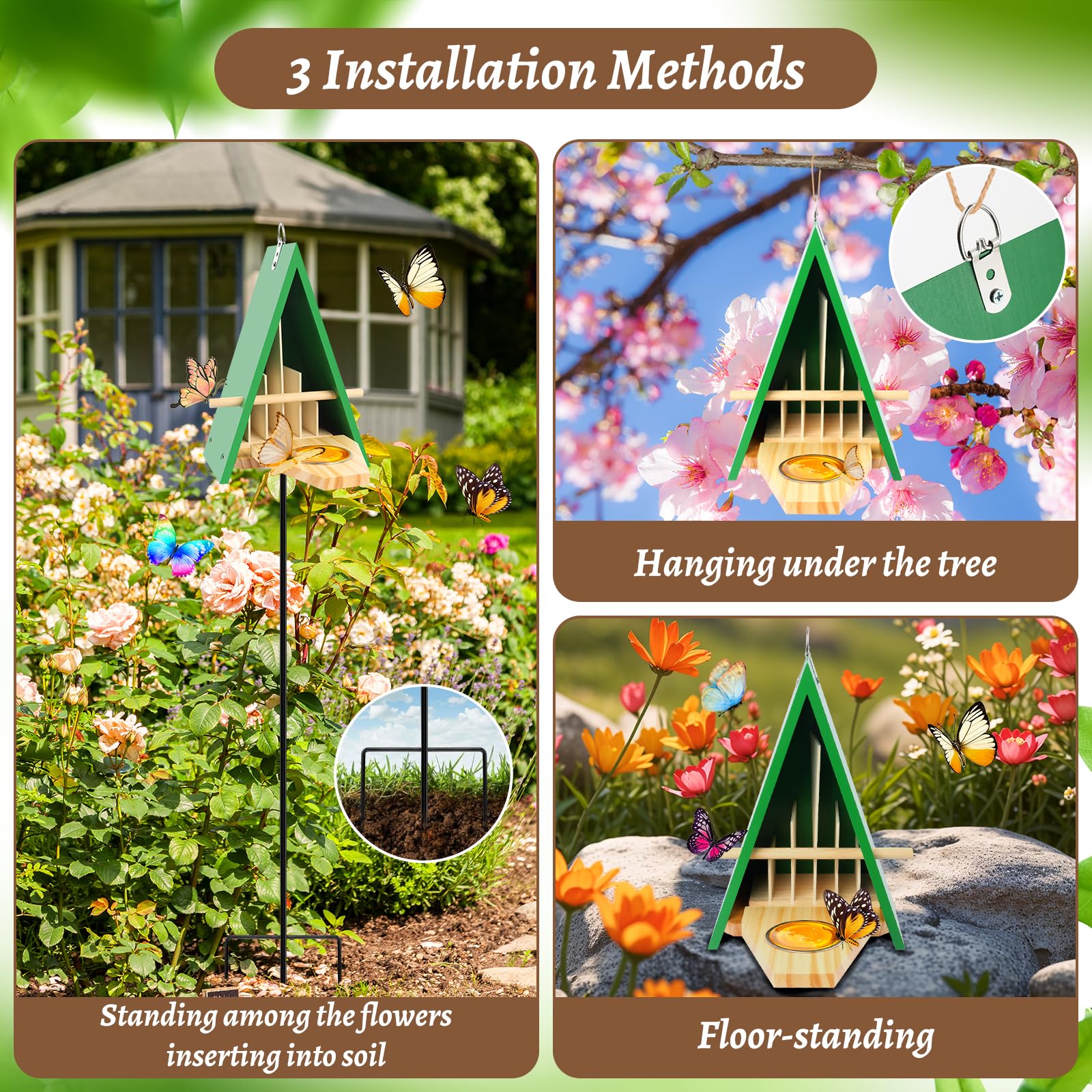 UQM house hanging in garden canopy, shaded placement increases butterfly visits