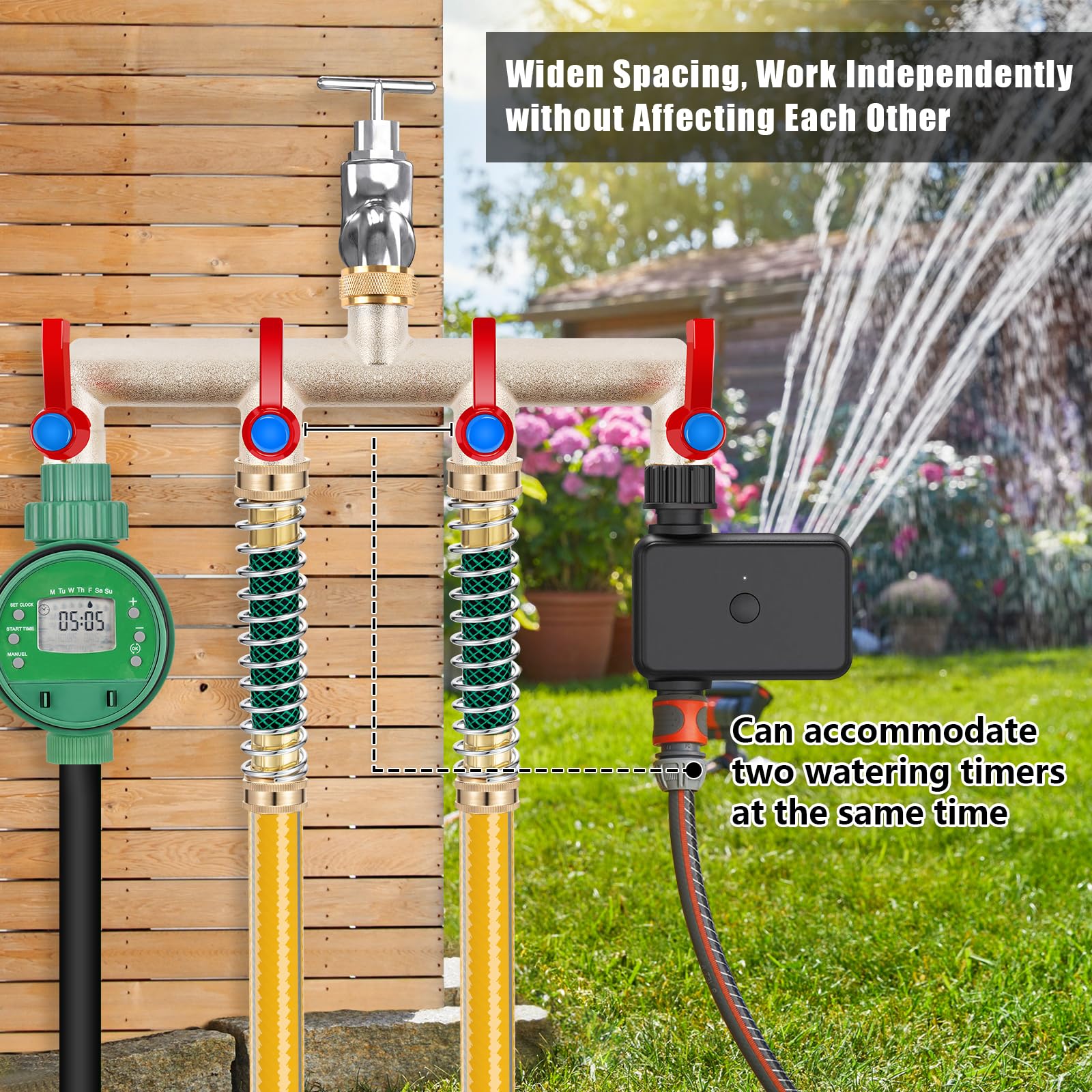 UQM splitter with multiple hoses attached showing spaced ports that prevent kinks