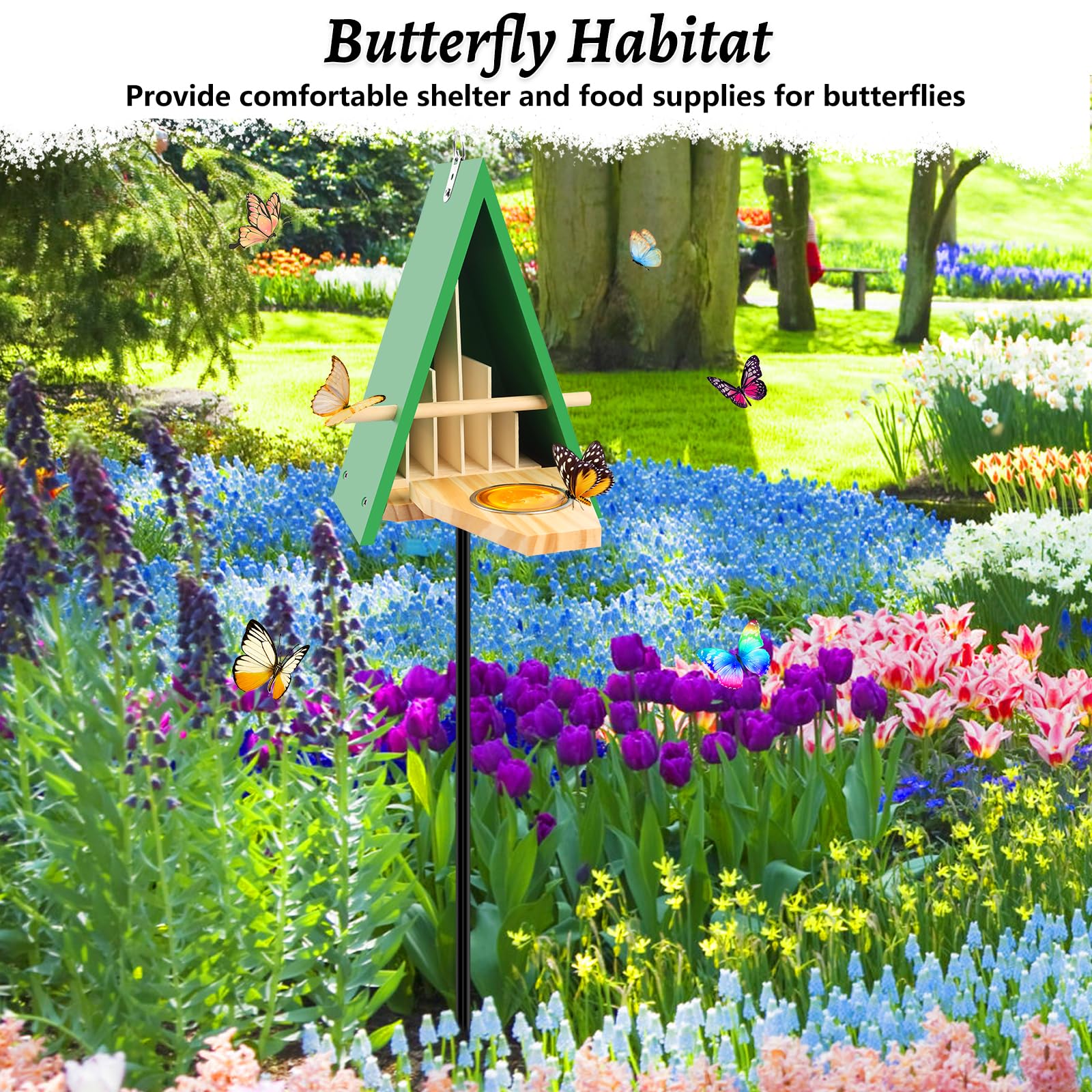 UQM staked in flower bed among blooms, stable and visible to pollinators