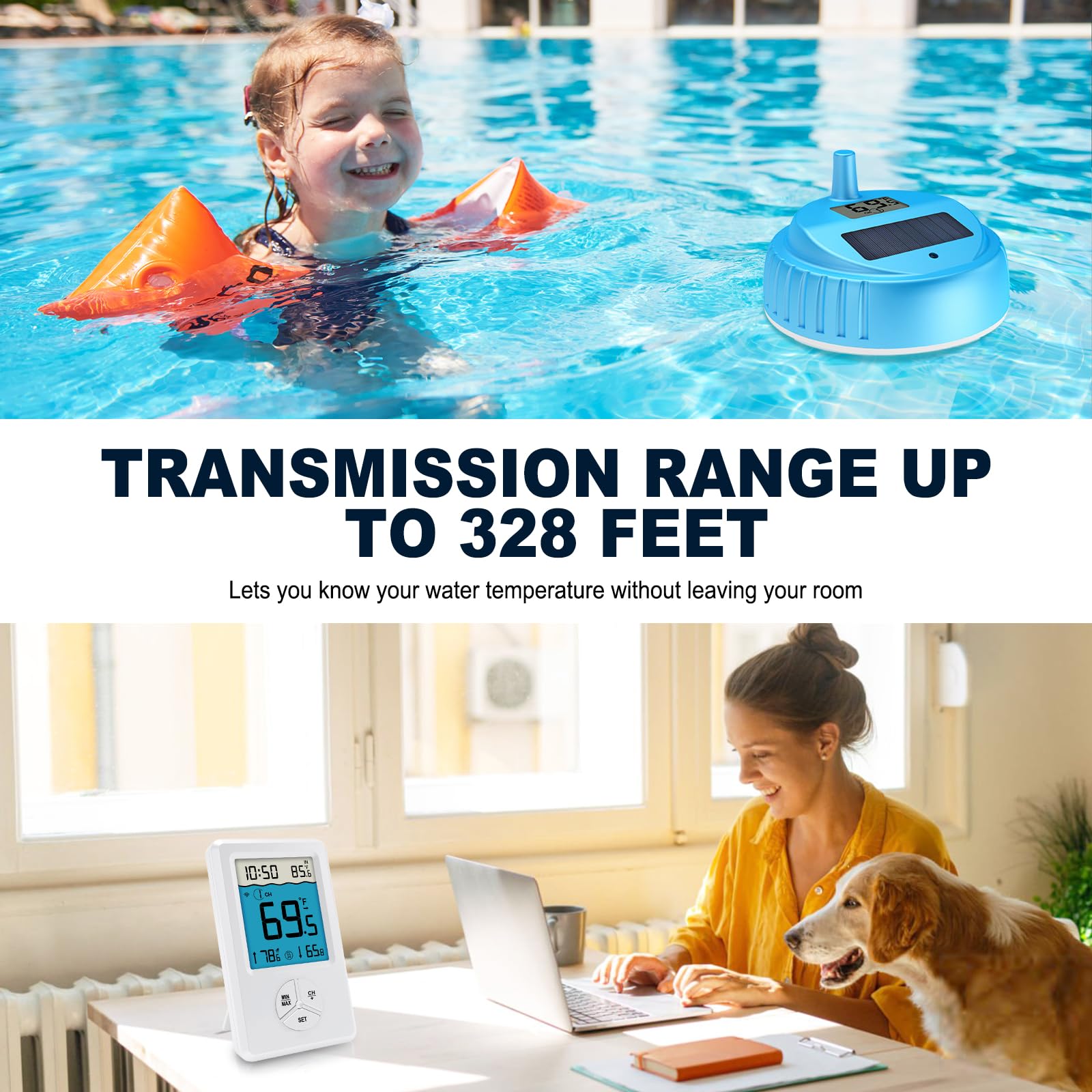 Urageuxy sensor floating on pool water demonstrating waterproof durability and accurate readings