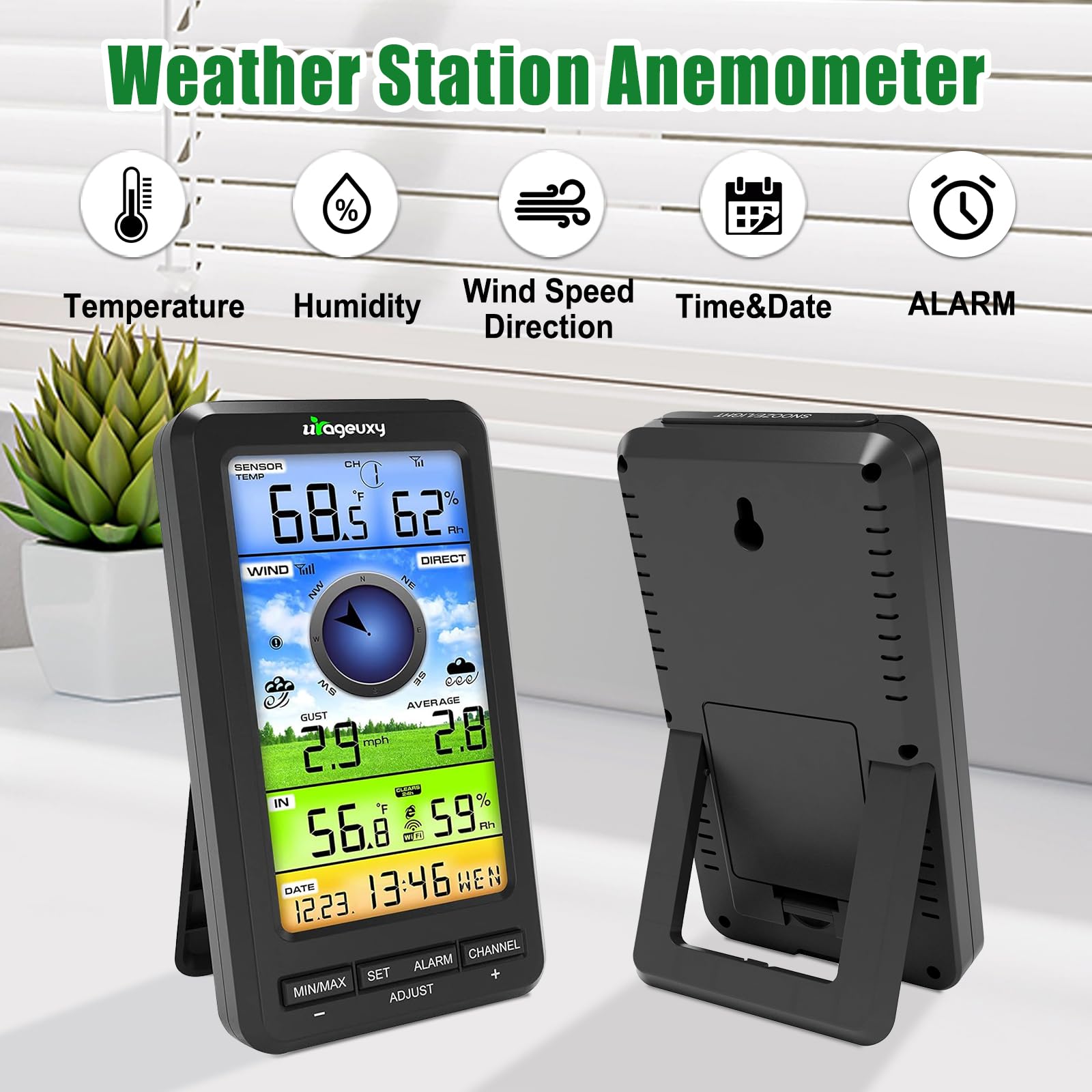 Urageuxy outdoor anemometer assembly demonstrating wind speed and direction sensing