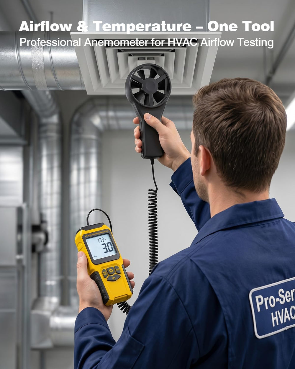 URCERI MT-95H vane probe close-up showing precision blades for accurate airflow sensing