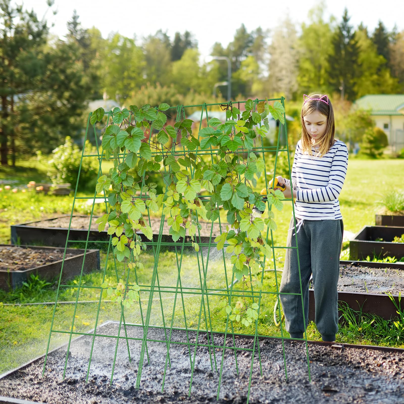UrGROWA trellis placed in balcony raised bed demonstrating space saving