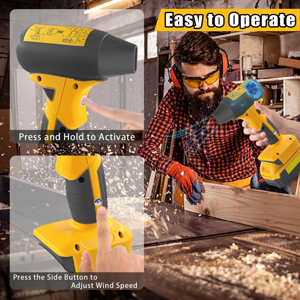URUN Jet Dry Mini Blower with Dewalt 20V battery mounted for cordless power