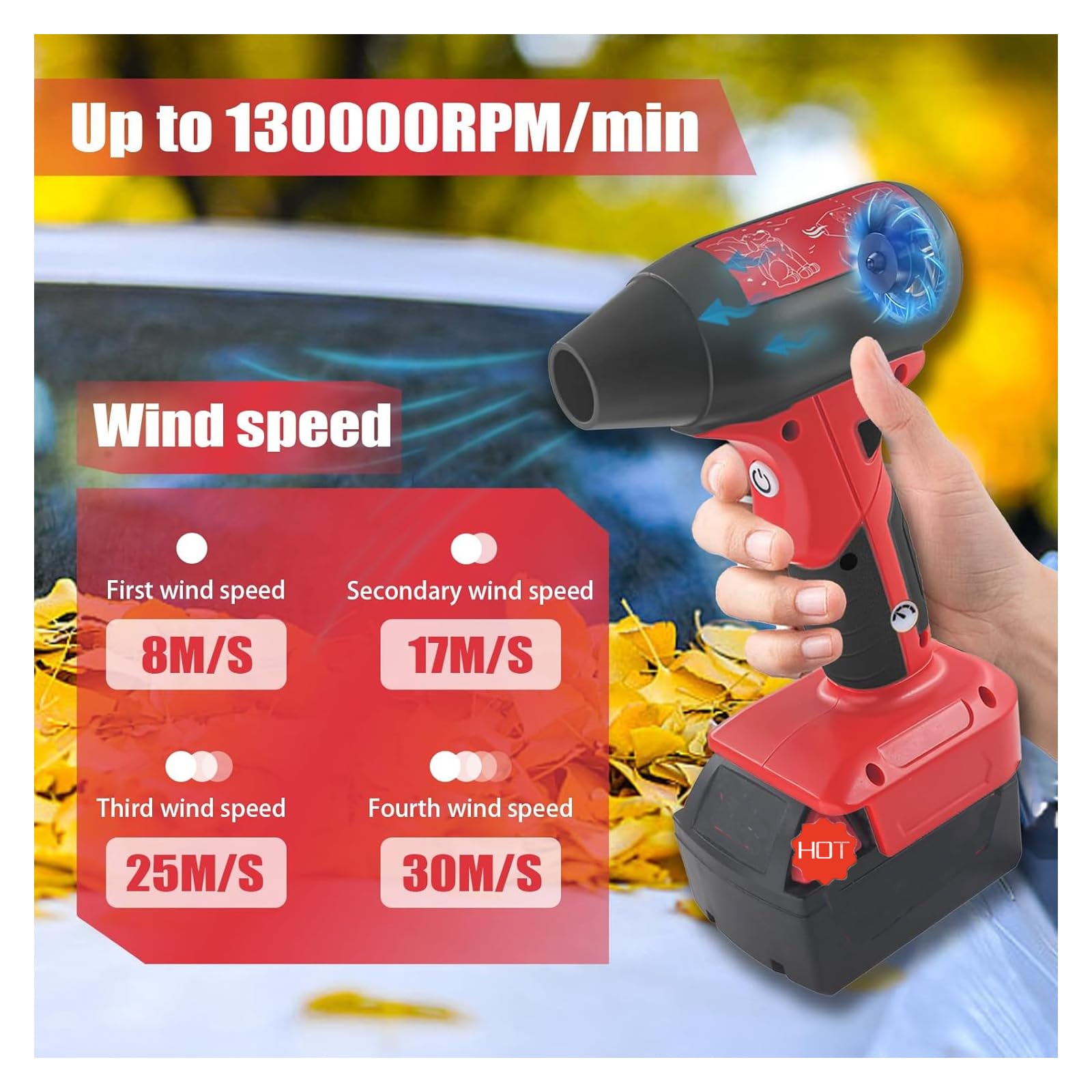URUN Jet Fan Mini Blower next to a hand showing portable size and travel-ready benefit