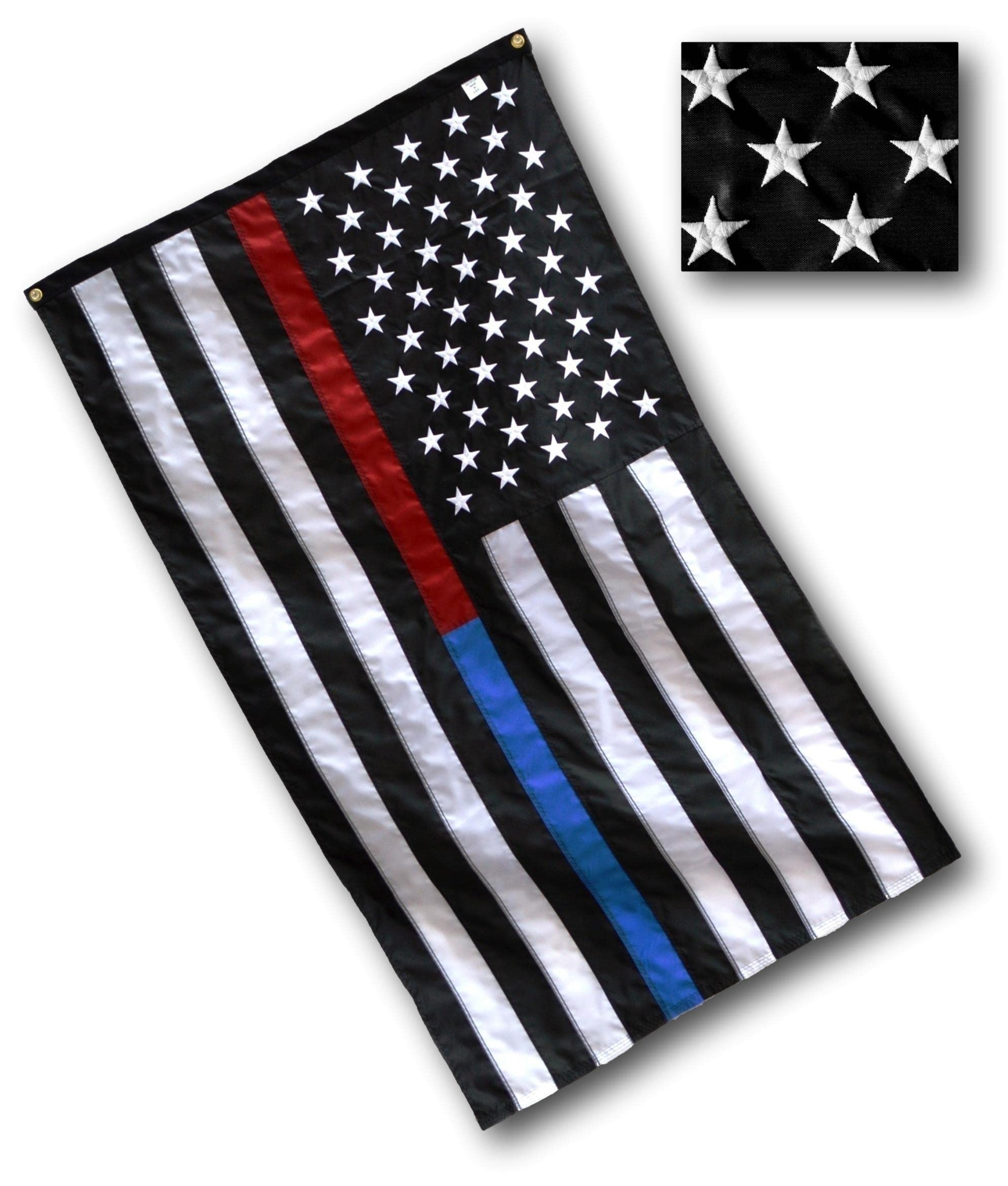 US Flag Factory front packaging showing dual thin blue and red lines, durable tribute