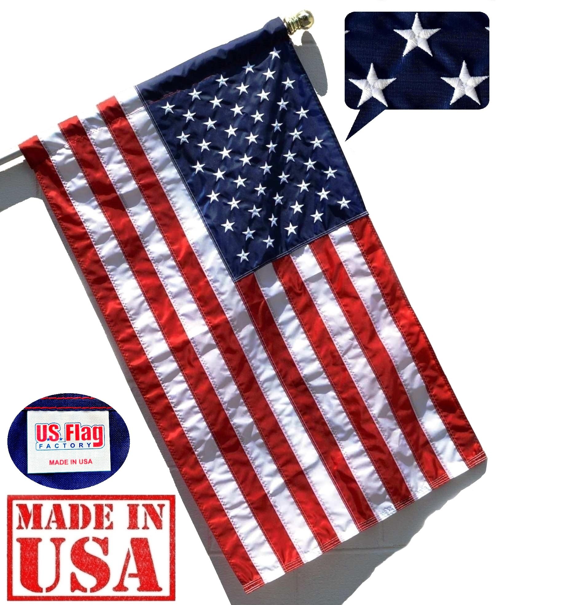 US Flag Factory reinforced hem stitching for longer outdoor lifespan