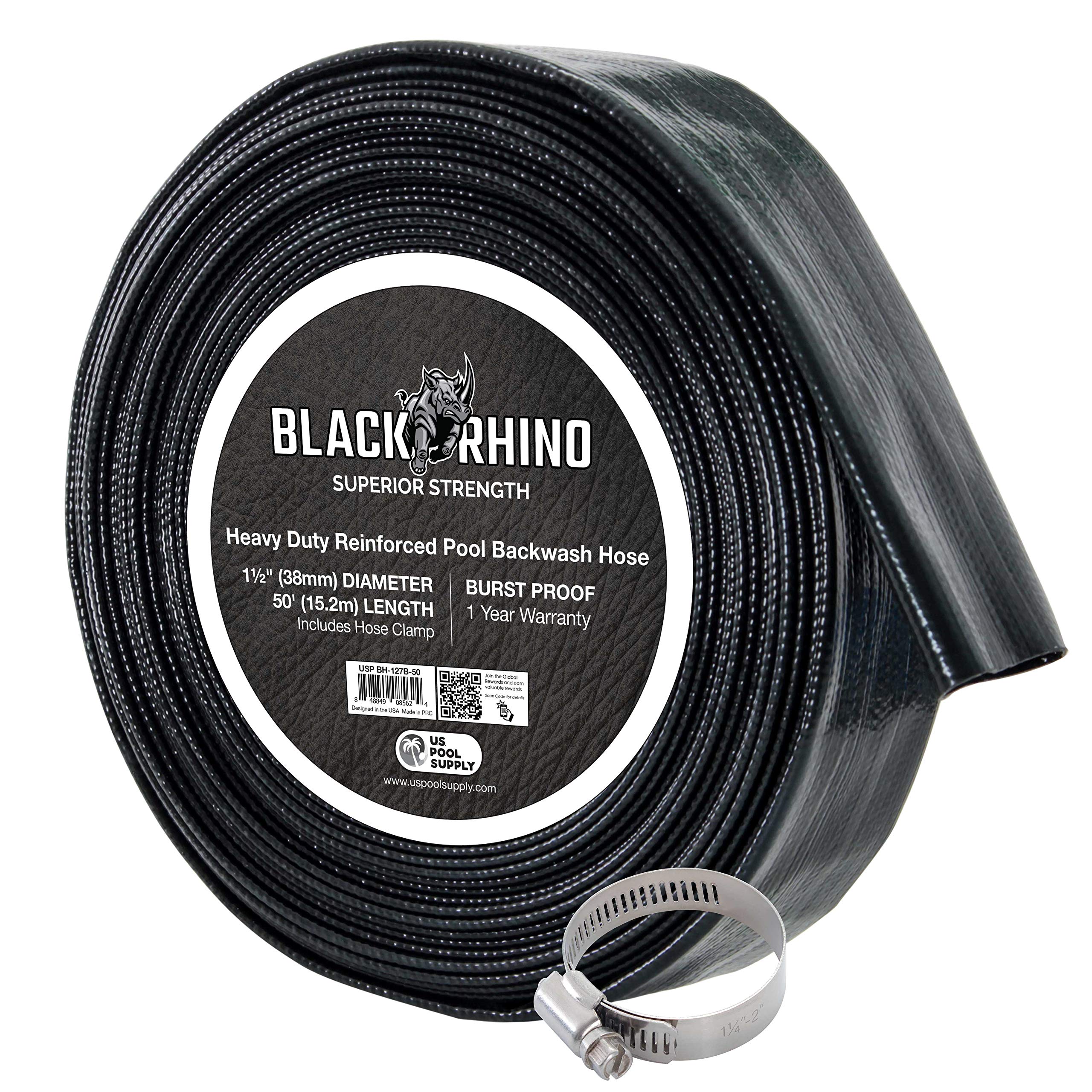 U.S. Pool Supply front view of hose with included clamp, shows ready-to-install convenience