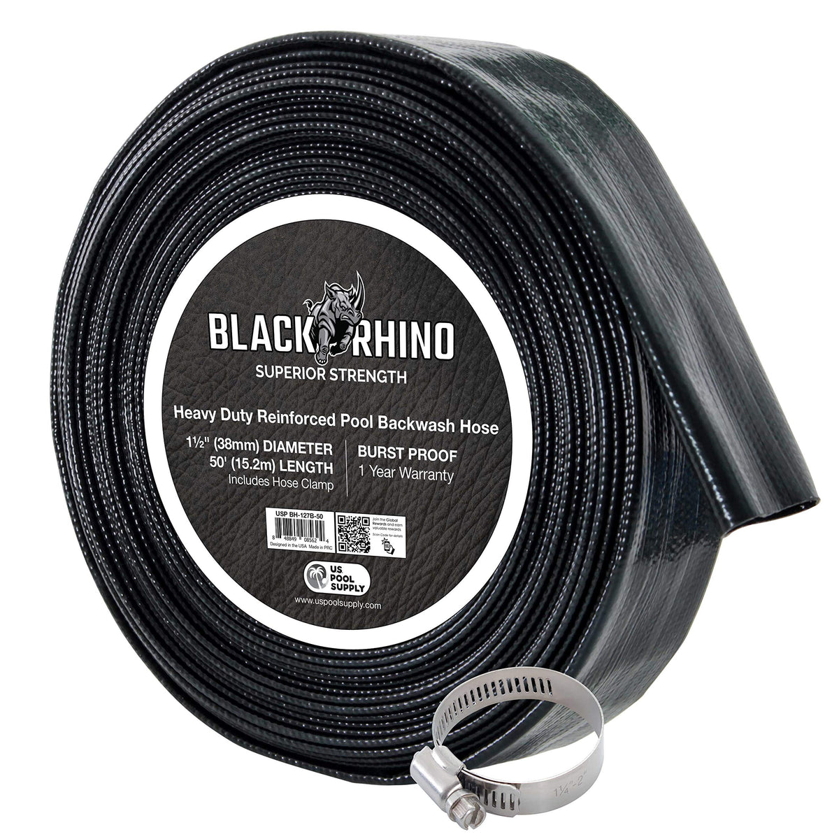 U.S. Pool Supply front view of hose with included clamp, shows ready-to-install convenience