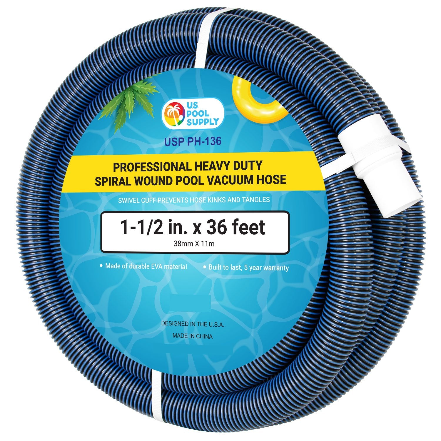 U.S. Pool Supply front view of 36 foot heavy duty hose showing durable build and benefits
