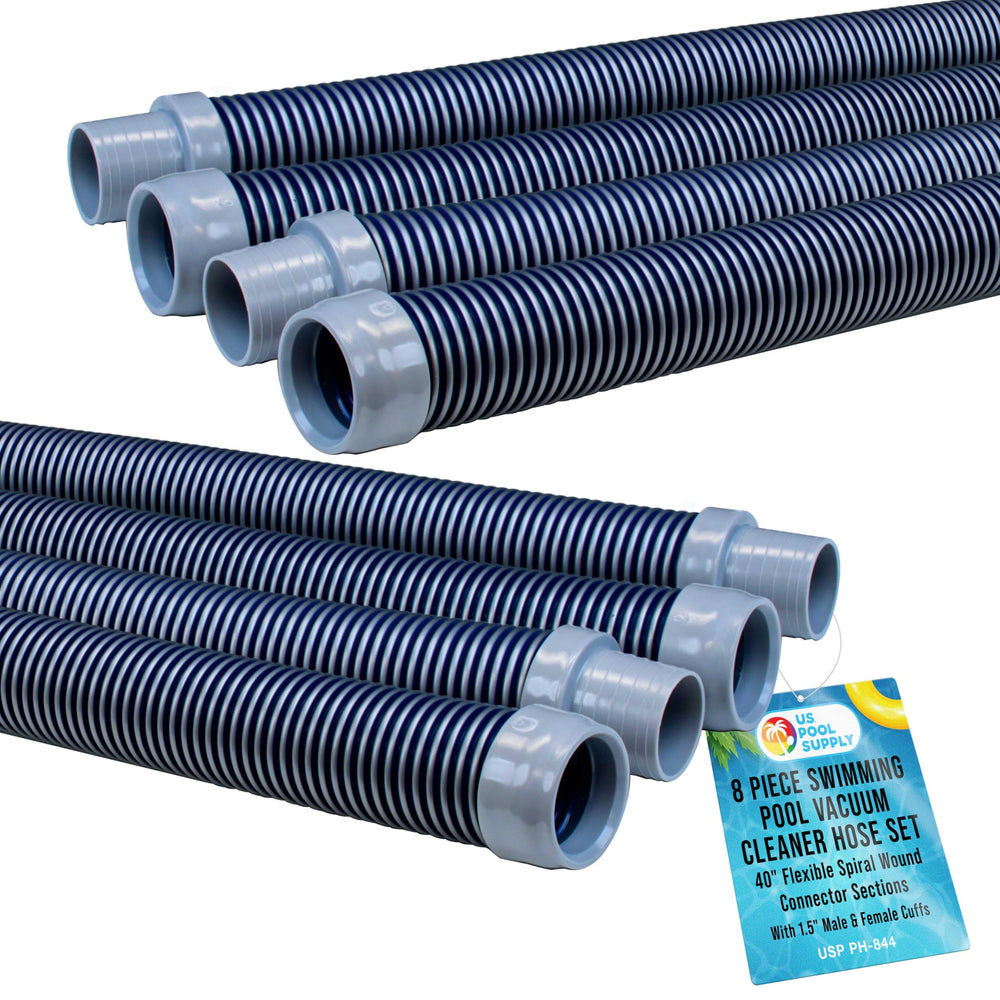 U.S. Pool Supply front view of 8-piece hose set showing package and length benefits
