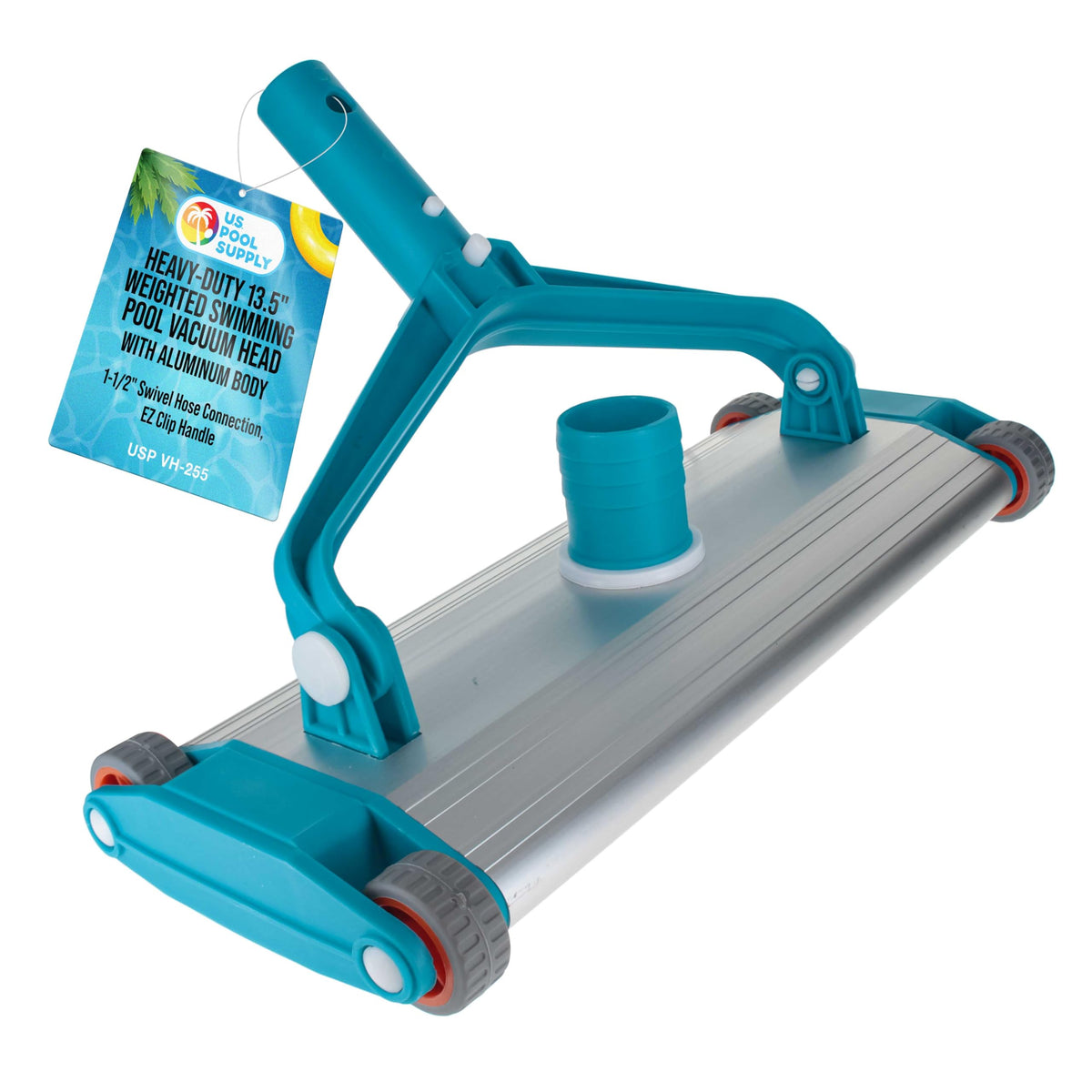 U.S. Pool Supply front view aluminum vacuum head showing durable build and easy cleaning