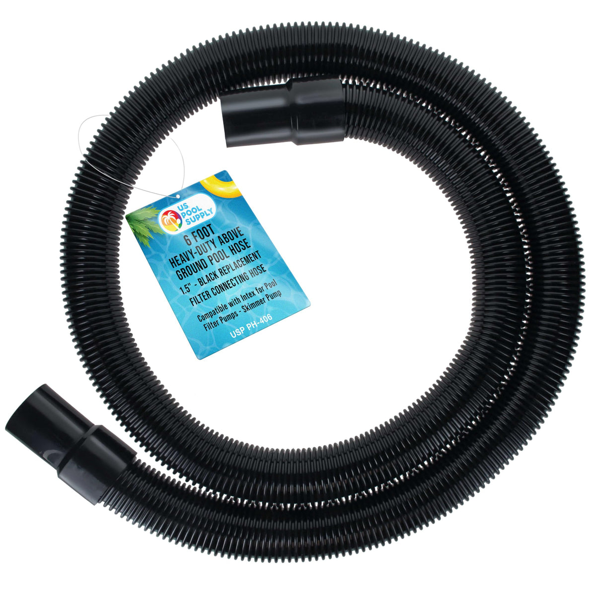 U.S. Pool Supply front view of 6-foot 1.5" hose showing durable construction and fit