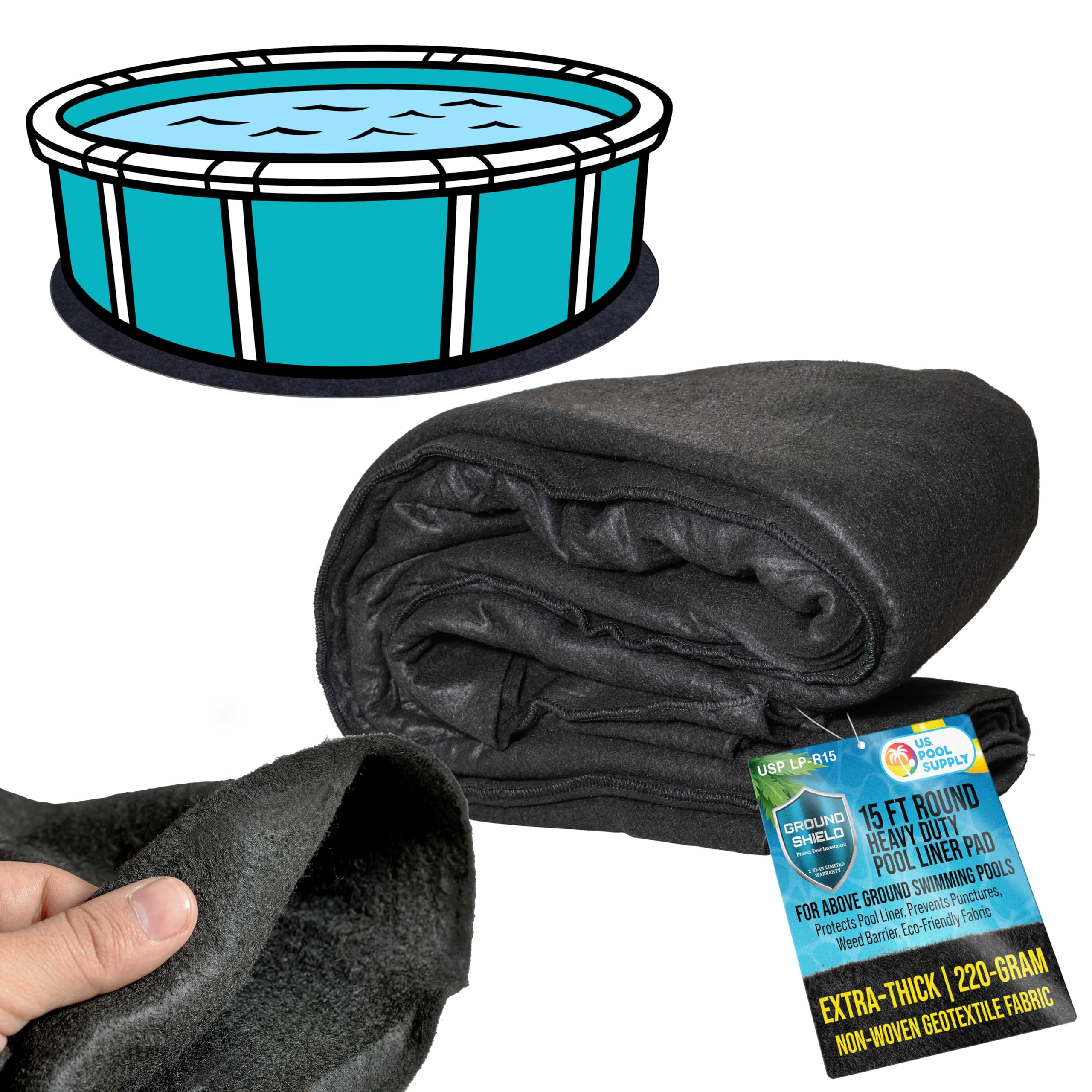 U.S. Pool Supply front view of 15' ground shield pad protecting liner