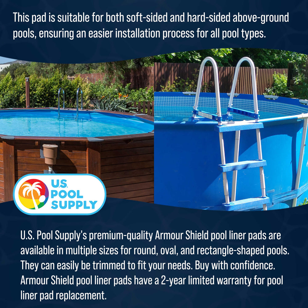 U.S. Pool Supply product label and packaging showing warranty and specs benefit