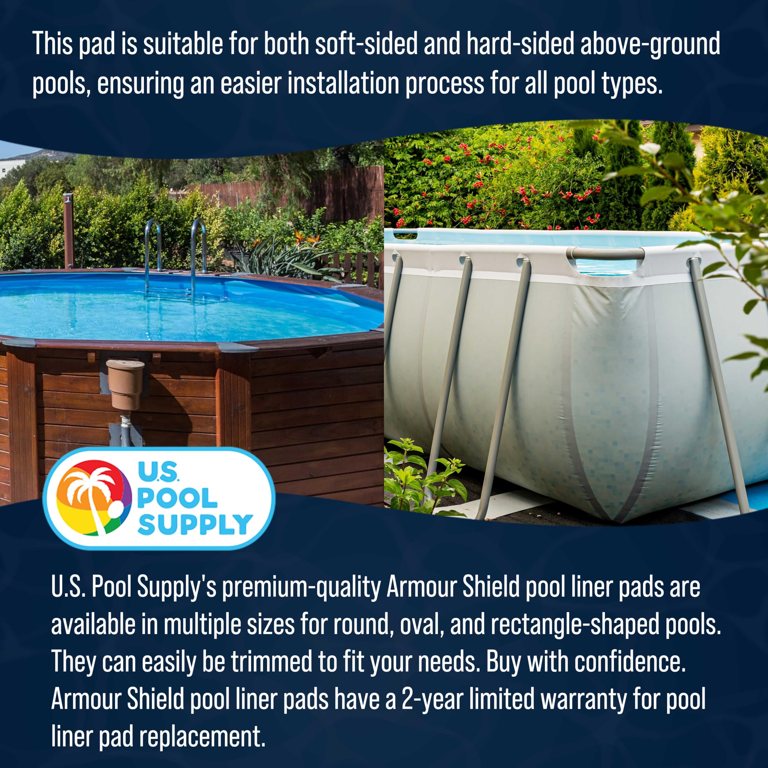 U.S. Pool Supply pad beside ruler illustrating 12x24 scale and proper sizing advantage