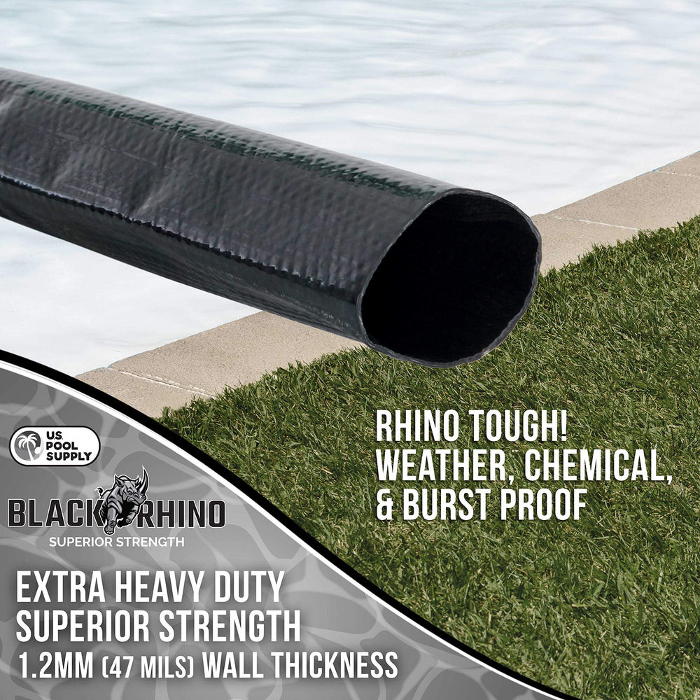 U.S. Pool Supply hose attached to pool pump discharging water, demonstrating efficient draining
