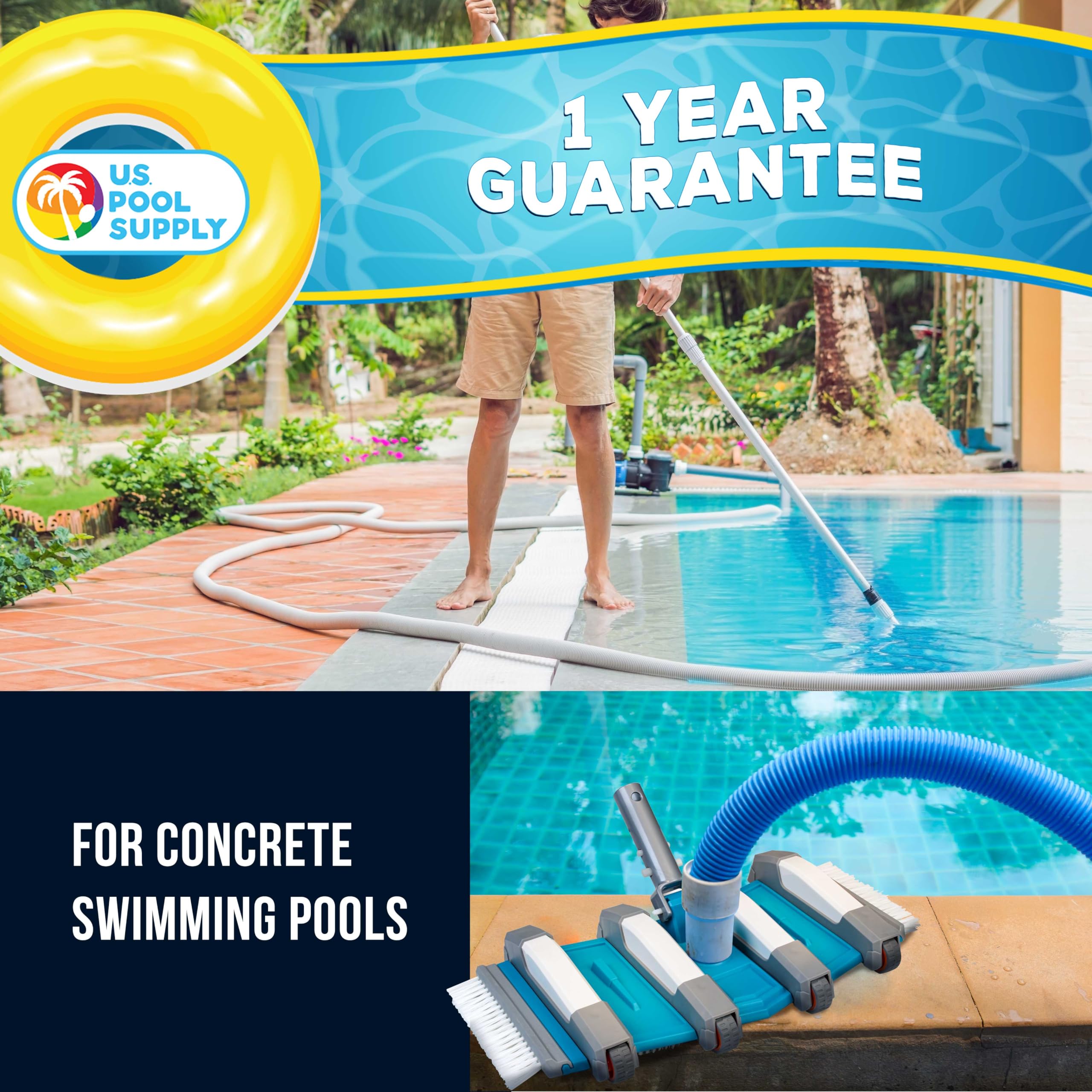 U.S. Pool Supply vacuum head in use on pool floor illustrating consistent suction and thorough cleaning on concrete surfaces