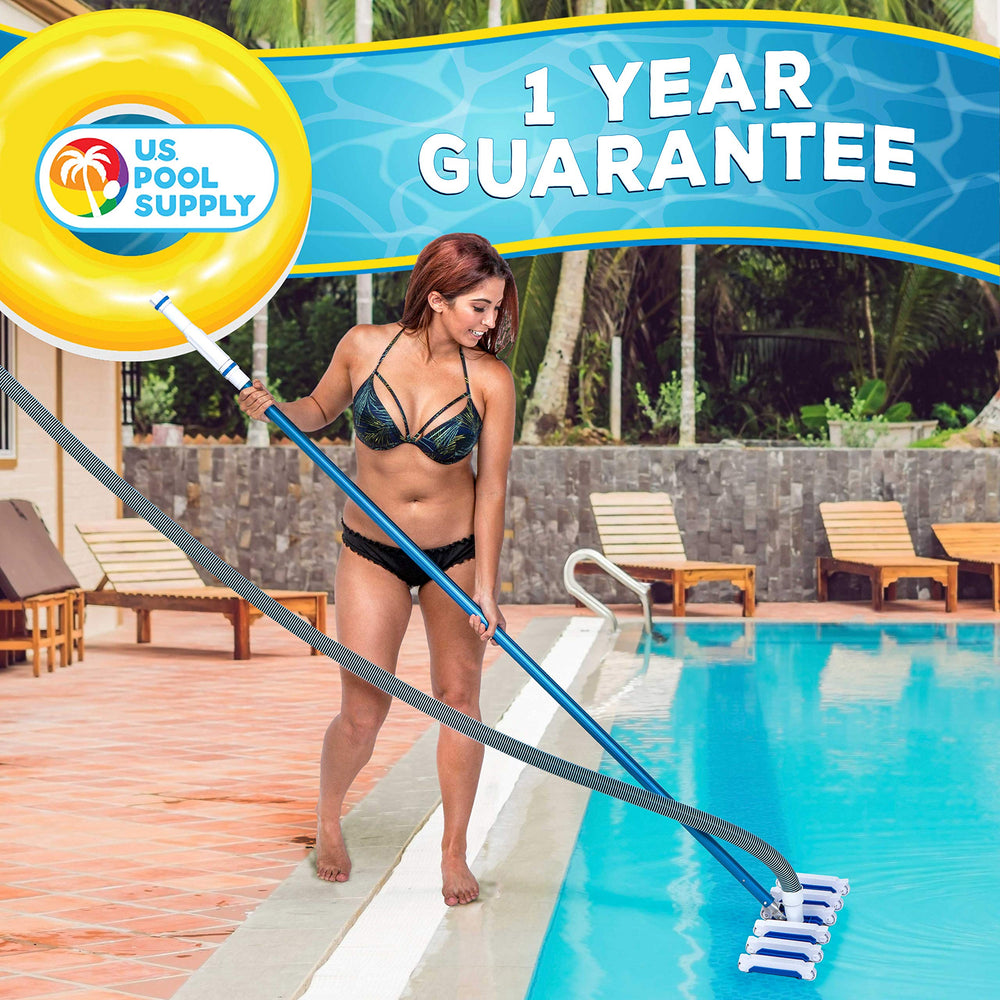 U.S. Pool Supply vacuum head next to telescopic pole showing size and compatibility for quick setup