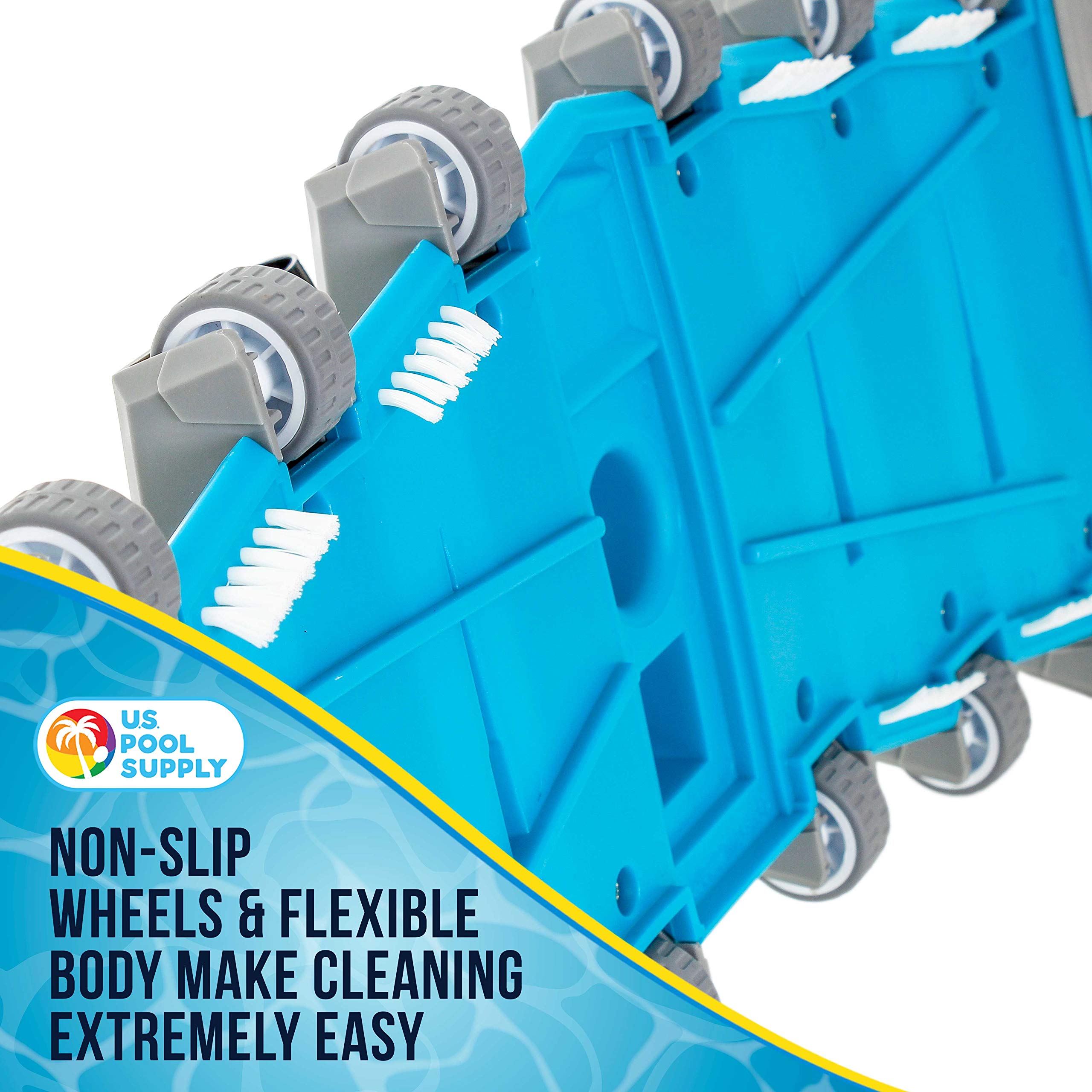 U.S. Pool Supply side and bottom brushes closeup scrubbing pool surface for thorough debris removal