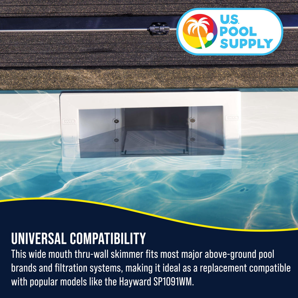 U.S. Pool Supply skimmer pictured poolside demonstrating improved surface cleanliness