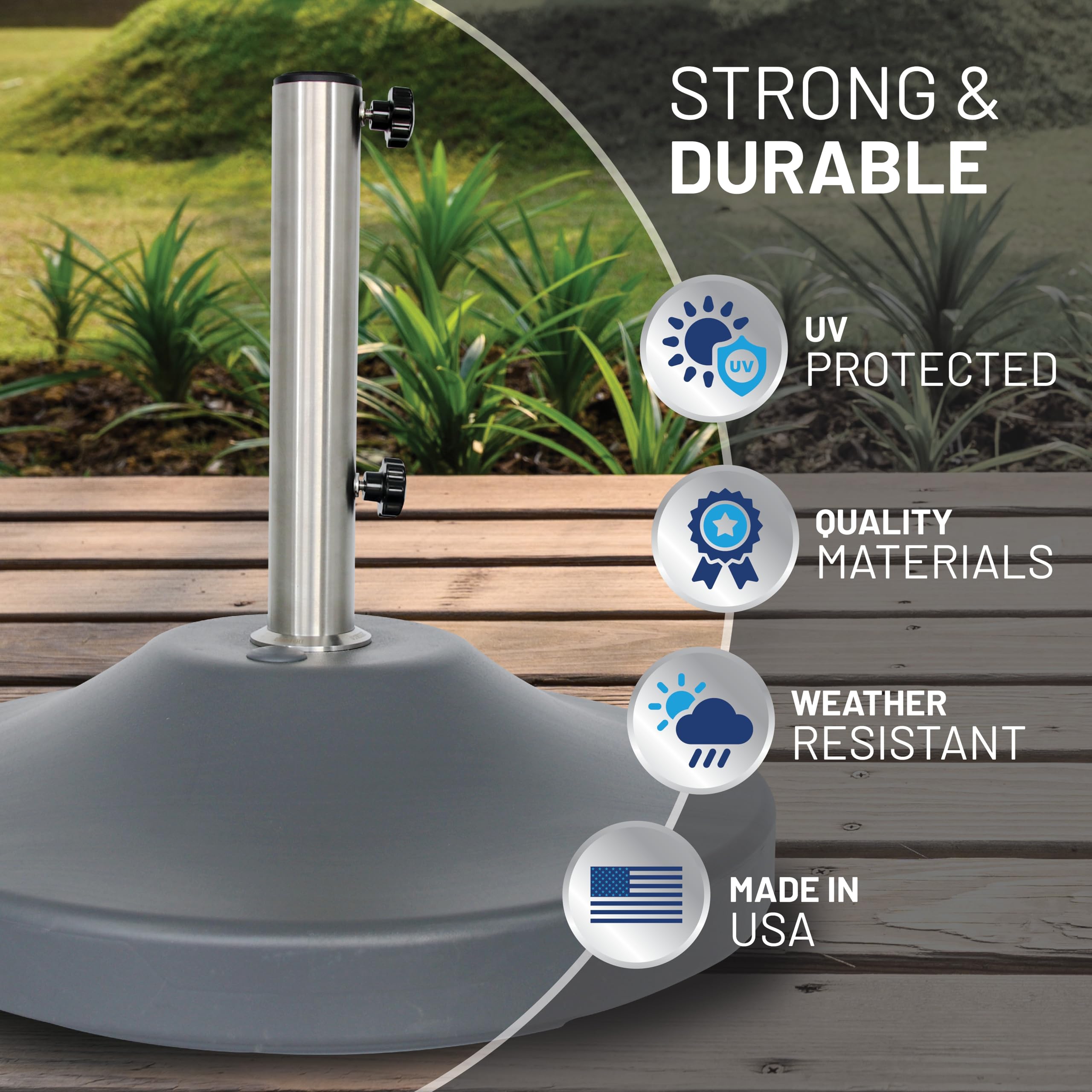 US Weight base next to chair showing scale and how the filled base anchors umbrella