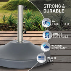 US Weight base next to chair showing scale and how the filled base anchors umbrella