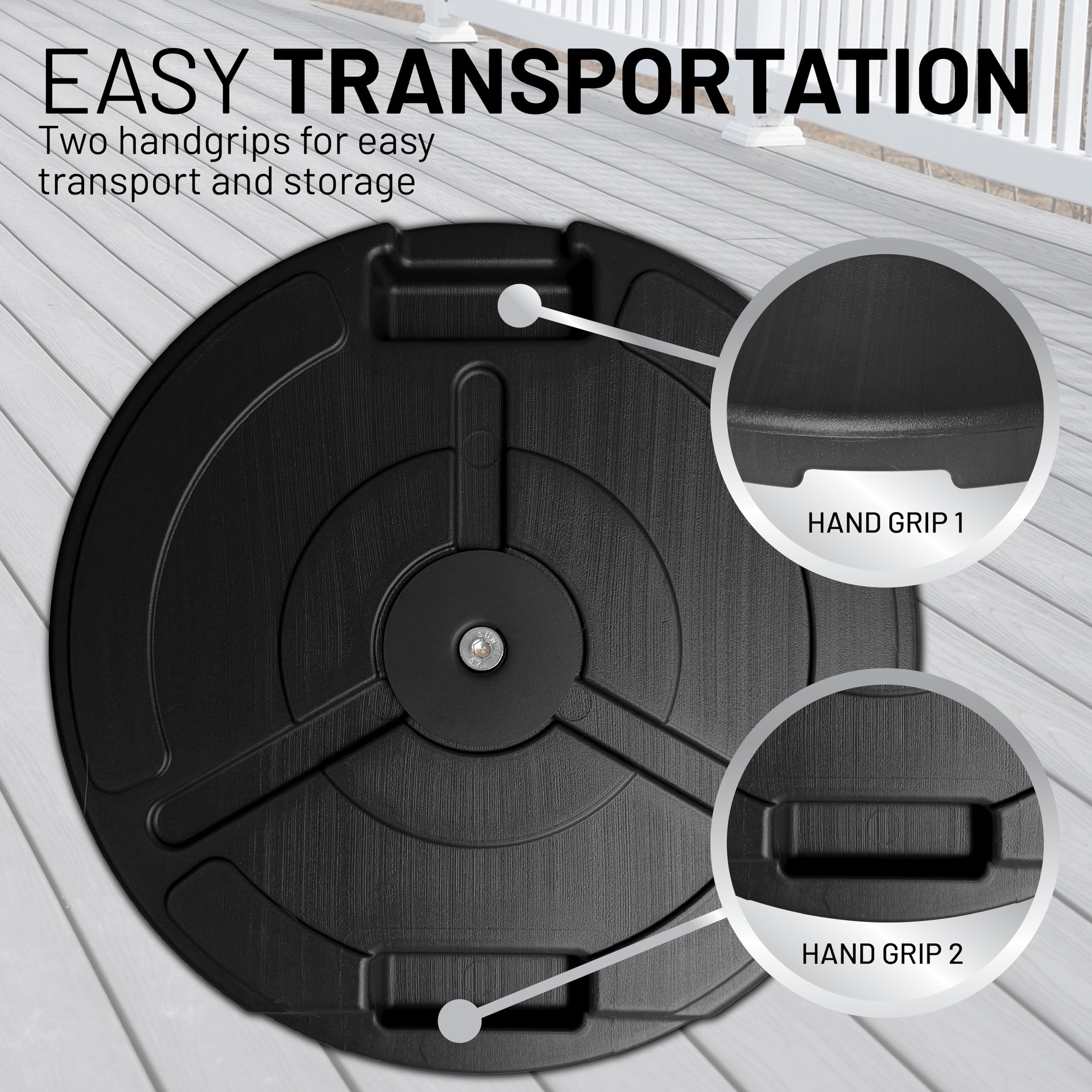 US Weight base next to patio chair illustrating 18-inch diameter scale