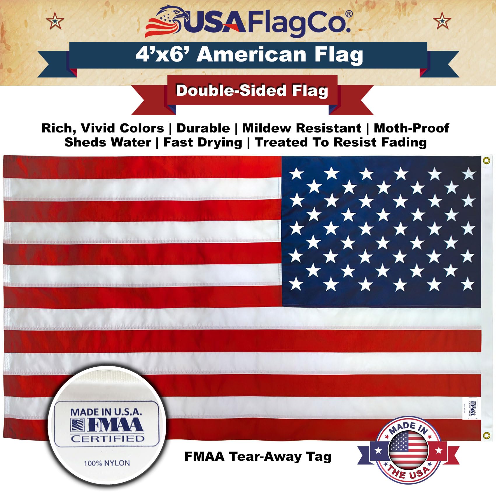 USA Flag Co. reinforced canvas heading with brass grommets for secure attachment