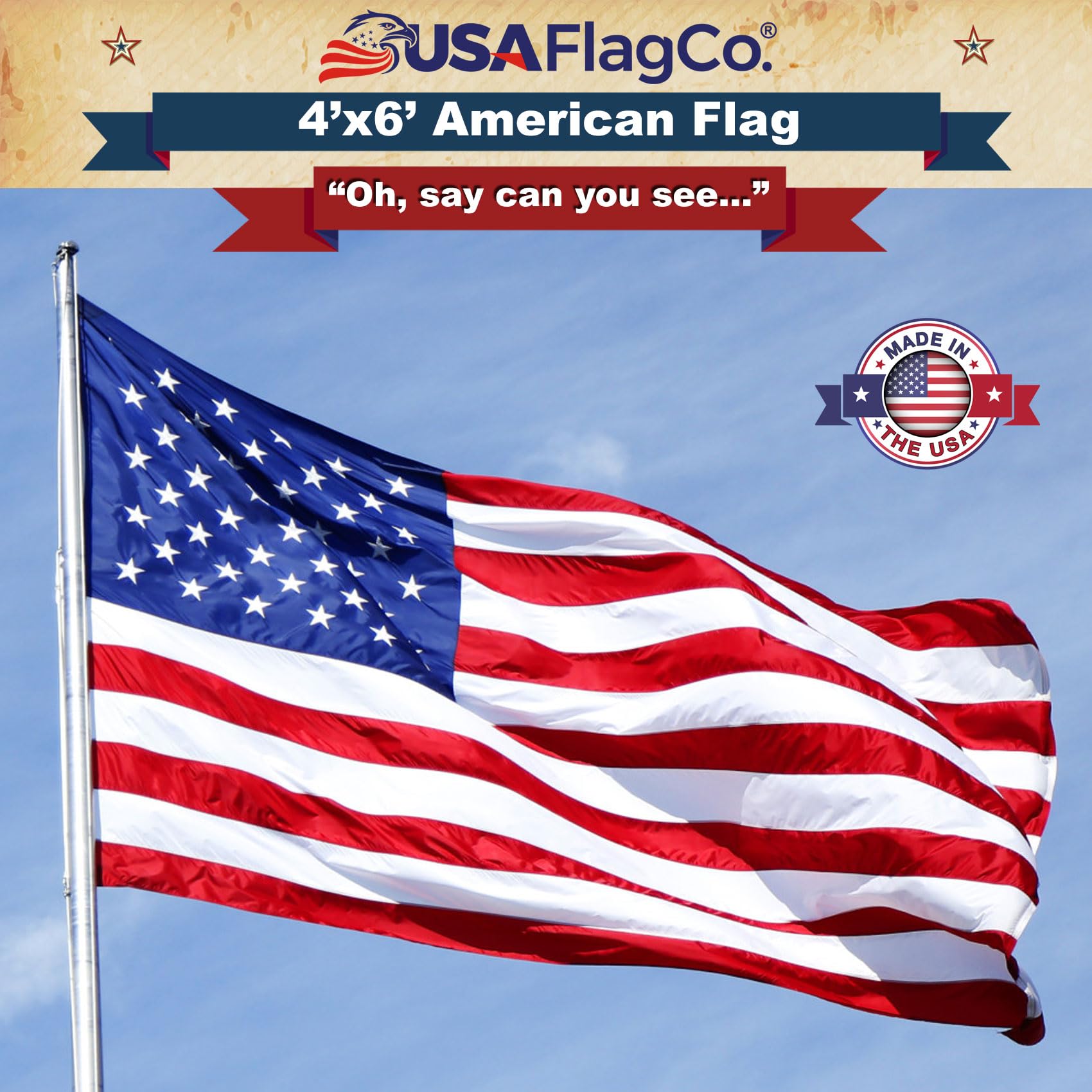 USA Flag Co. flag mounted on pole outdoors, flying in light breeze