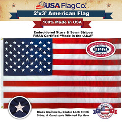 USA Flag Co. reinforced canvas heading and brass grommets for secure hanging