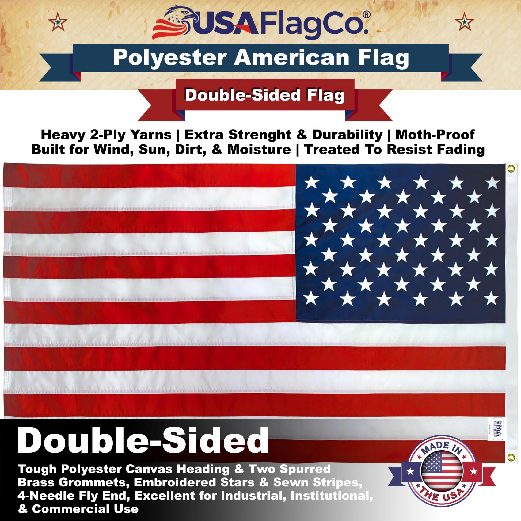 USA Flag Co. flag flying in wind demonstrating weather resistance and motion