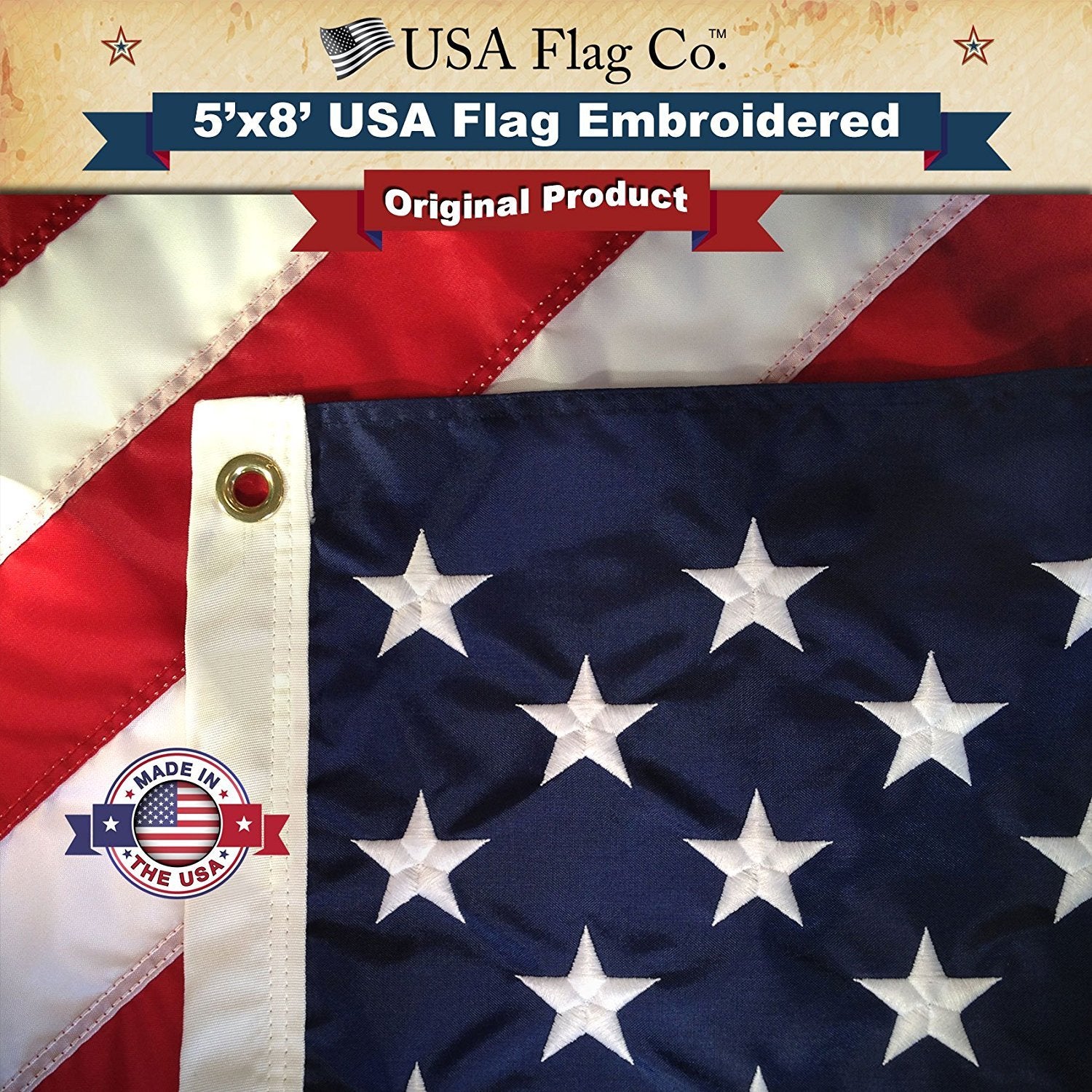 USA Flag Co. full 5x8 flag front view showing embroidered stars and sewn stripes, durable outdoor presentation