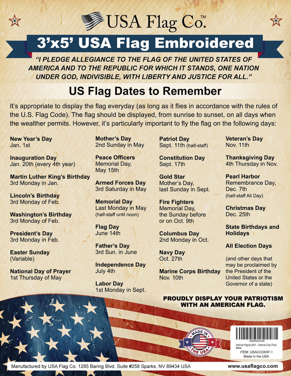 USA Flag Co. packaging and FMAA certificate showcasing American origin