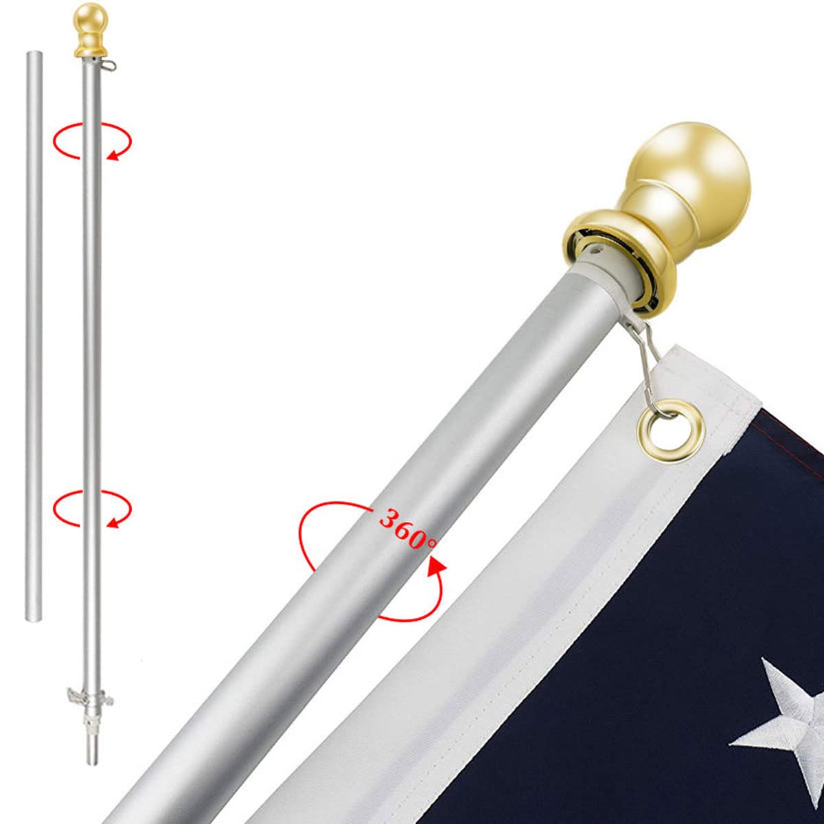 USA Flag Co. full pole front view showing sleek brushed aluminum finish and clean display benefit