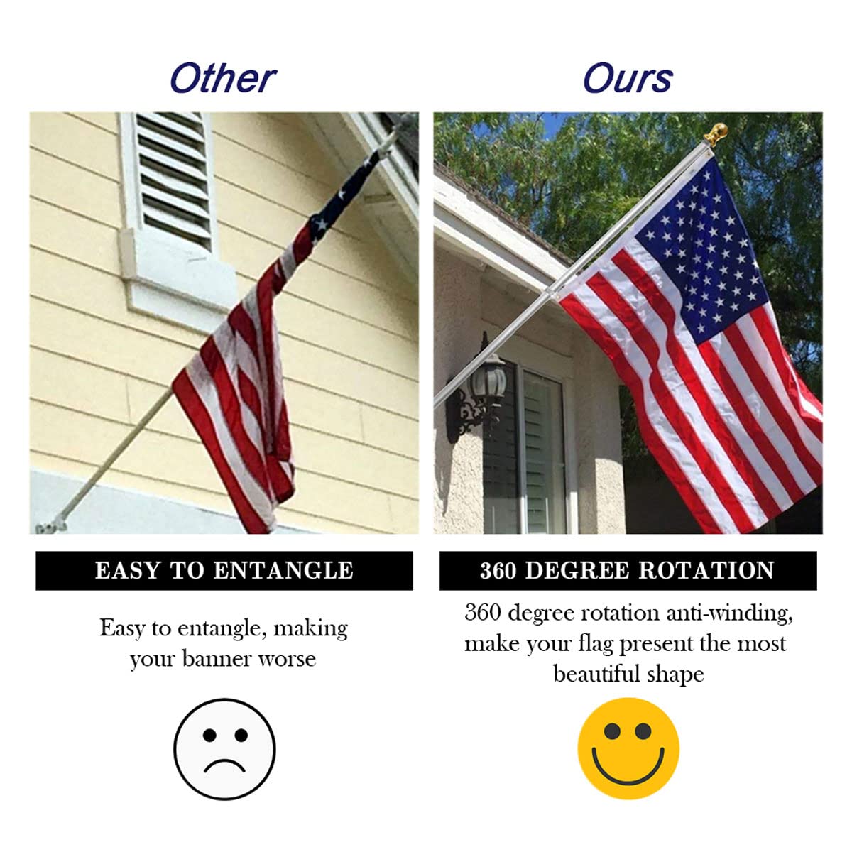 USA Flag Co. pole mounted on a porch demonstrating tidy residential display and curb appeal