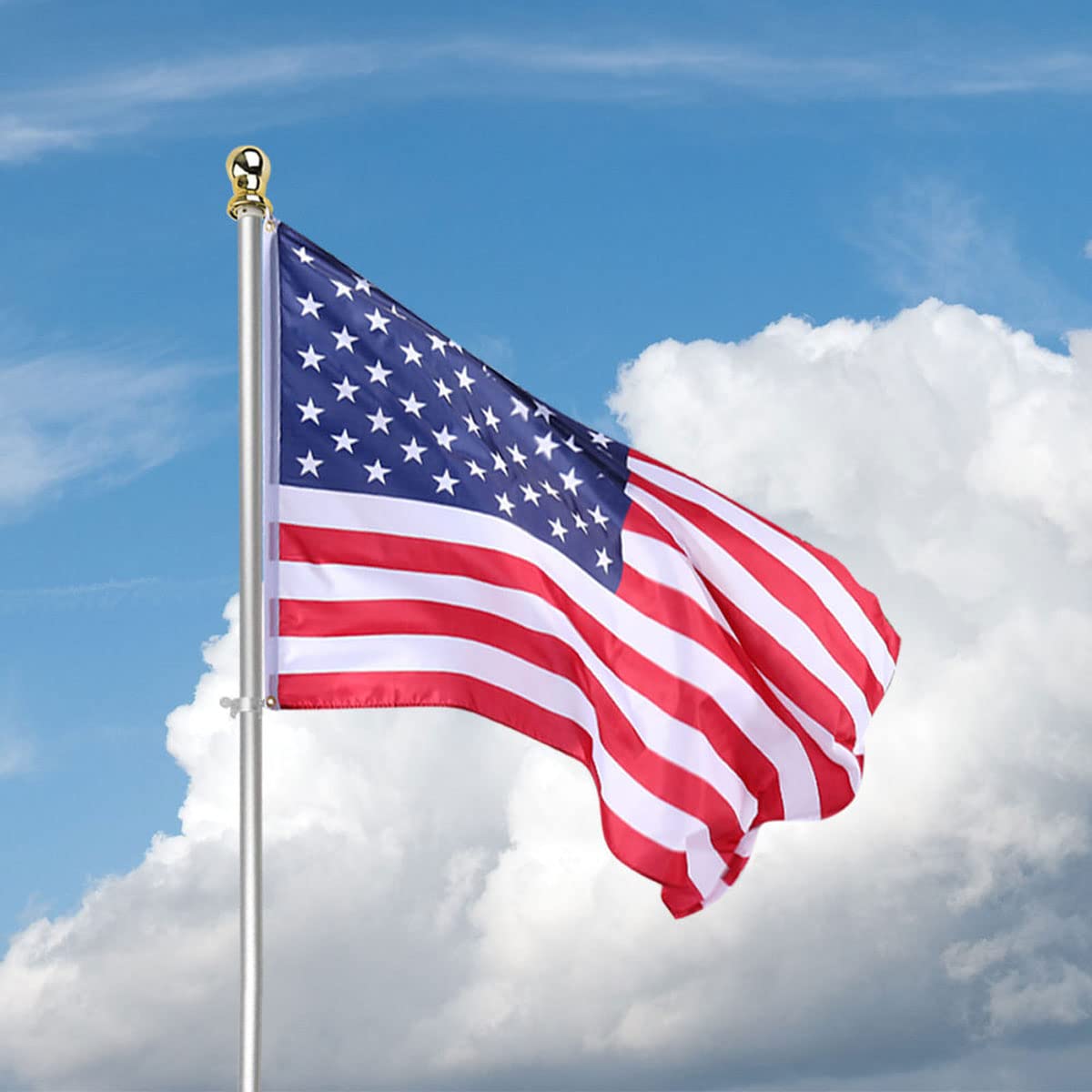 USA Flag Co. 6ft pole next to an adult for scale showing compact size and easy handling