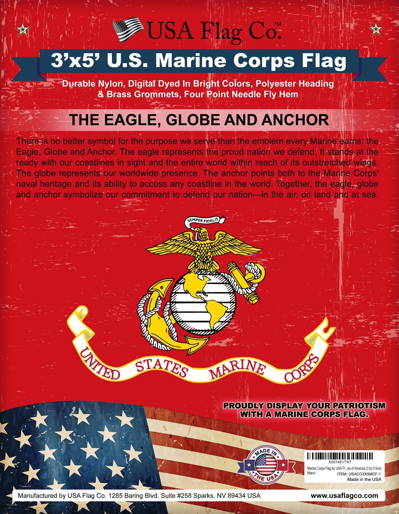 USA Flag Co. close-up of Eagle Globe and Anchor emblem for clear identification
