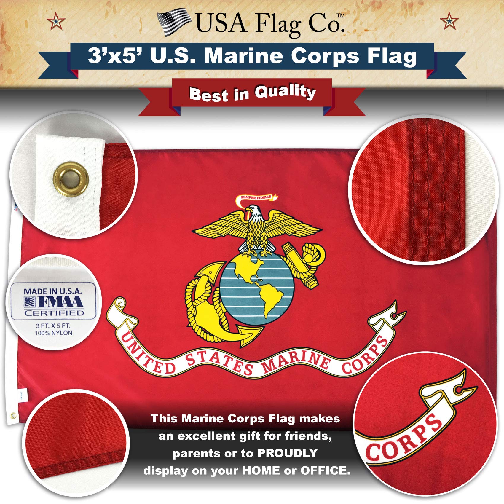 USA Flag Co. USMC flag flying outdoors demonstrating vivid colors and motion
