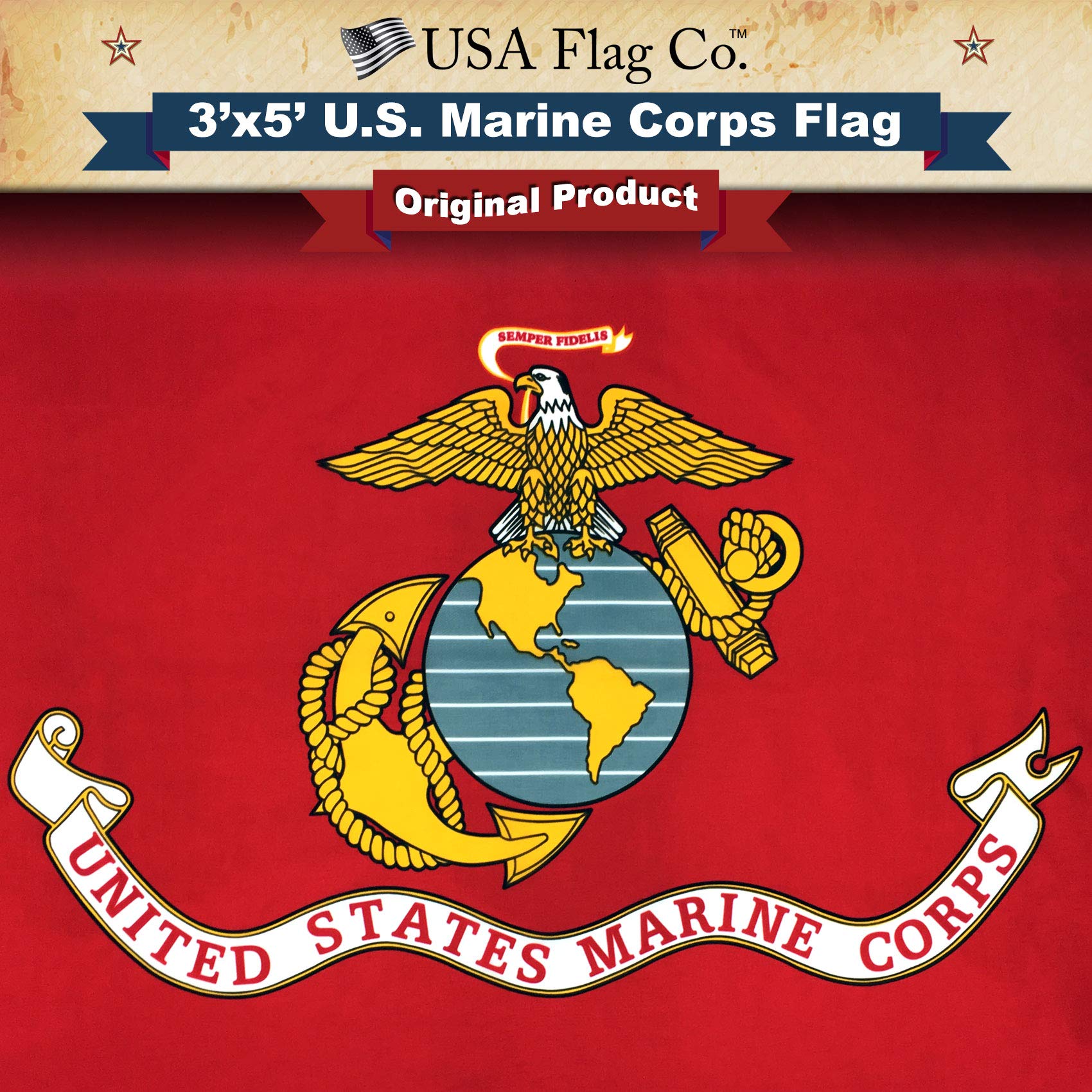 USA Flag Co. front view of Marine Corps flag showing bold scarlet colors and emblem