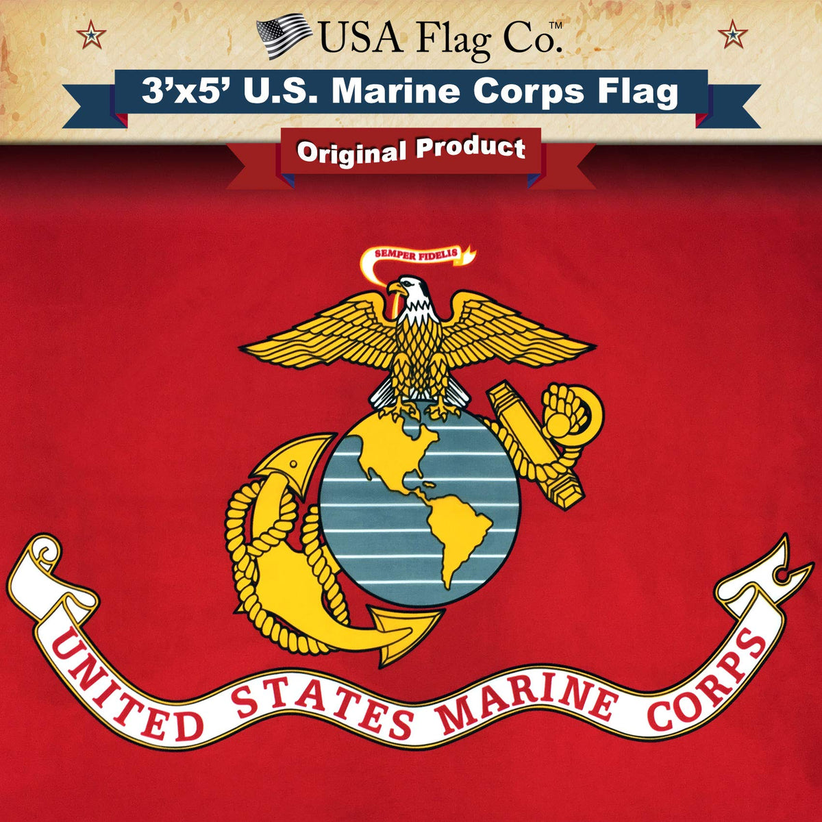 USA Flag Co. front view of Marine Corps flag showing bold scarlet colors and emblem