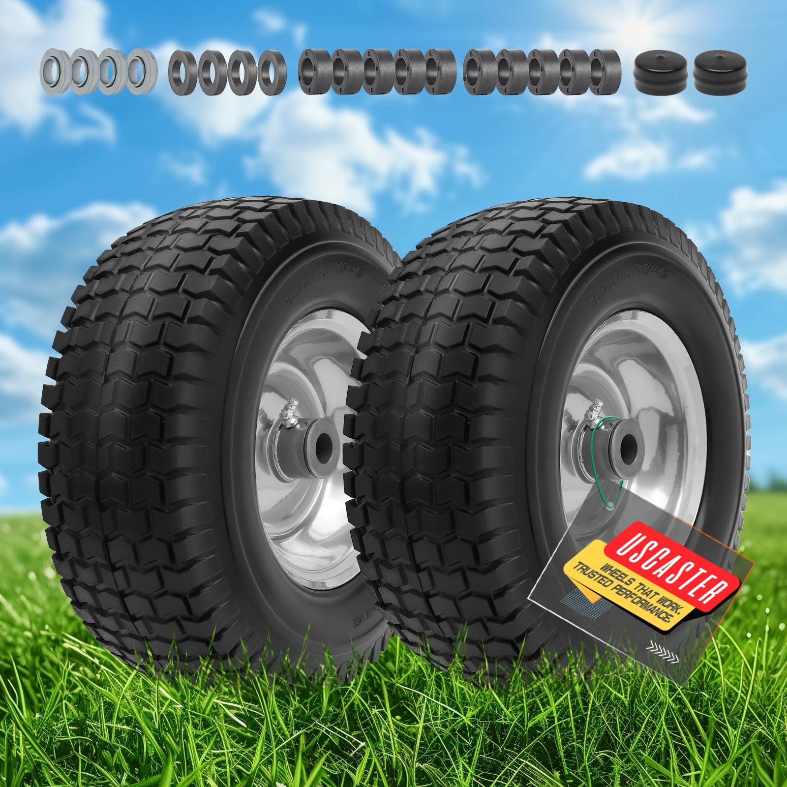 USCaster angled lifestyle shot showing robust wheels in a yard setting